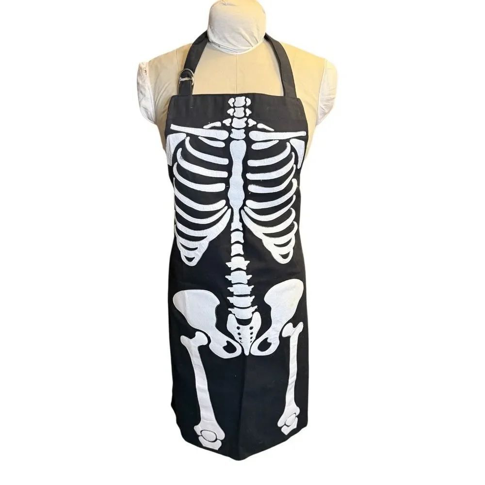 Williams Sonoma Skeleton Halloween Apron Black White Cotton Adjustable Adult